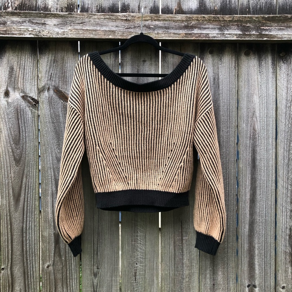 Pebby Forevee Striped Cropped Sweater Size L/XL Tan Black Off One Shoulder